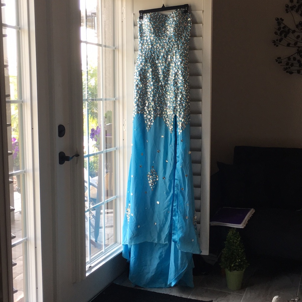 Blue crystal and pearl prom dress